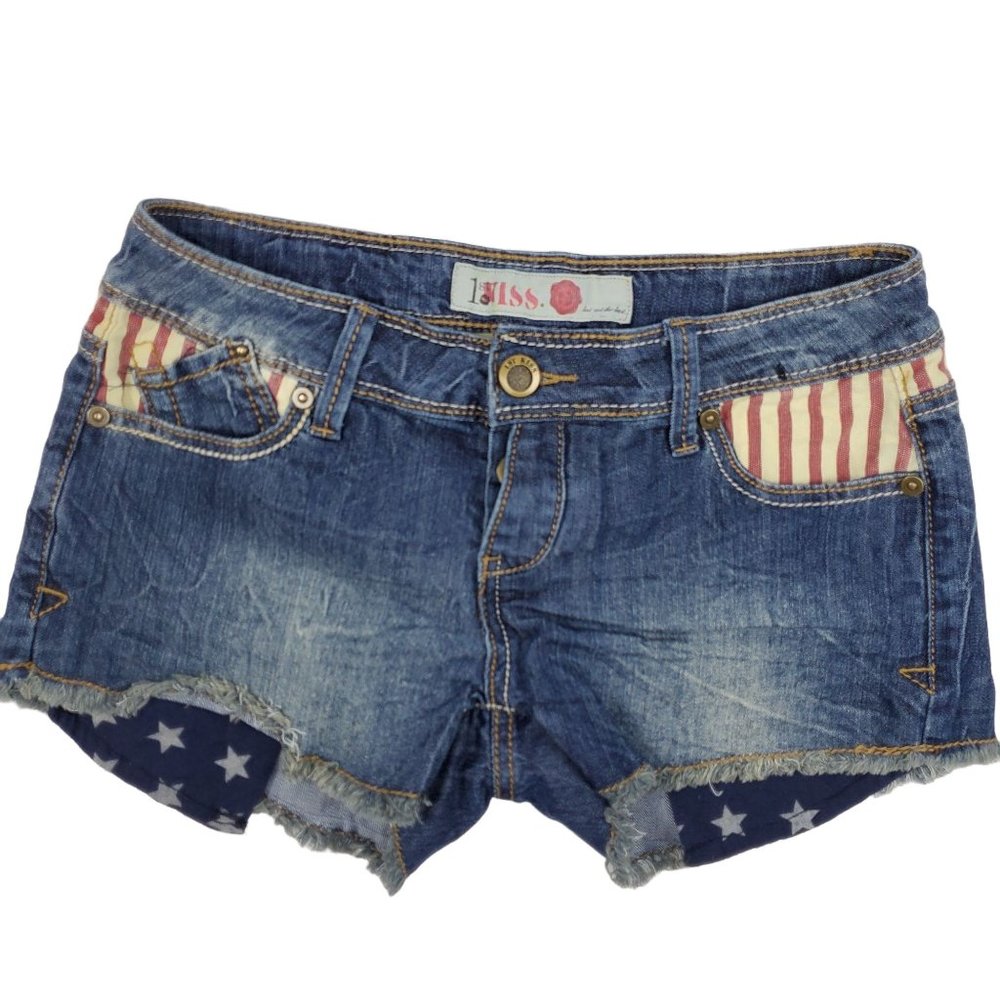 1st Kiss Womens shorts sz 5 button up jean red, white & blue designs low rise